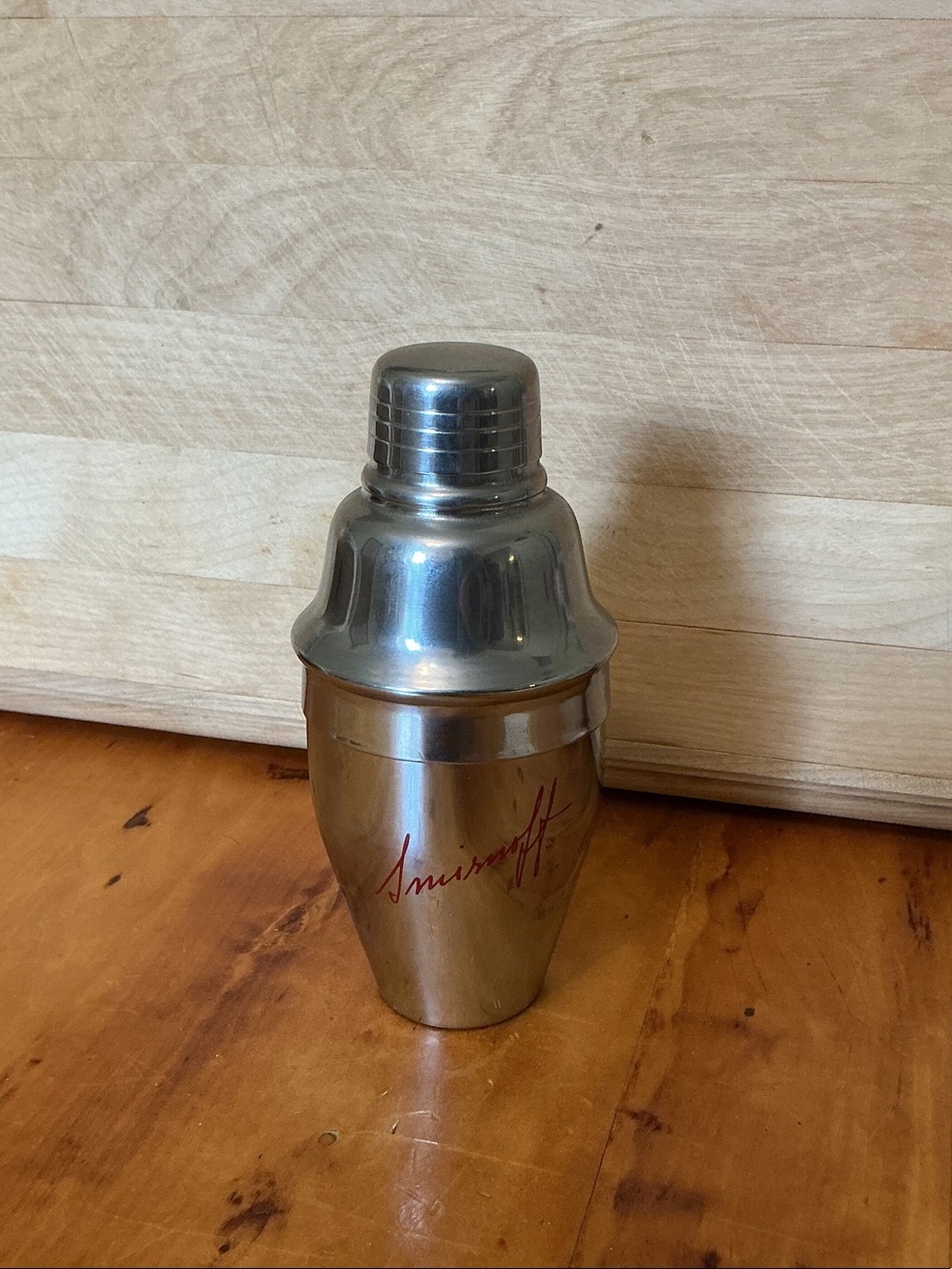 Vintage Smirnoff stainless Steel Cocktail Shaker Red Cursive Brand Name Small